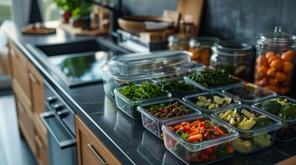 Obraz premium Preparing healthy food in containers for the work week for large family. Fitness meal prep containers with veggies. Preparing balanced menus on lunch boxes. Time planning concept. Generative ai