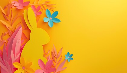 Fototapeta na wymiar Colorful Paper Bunny on Yellow Background. Cheerful Papercraft Collage for Kids with Copy Space. Happy Easter Concept.