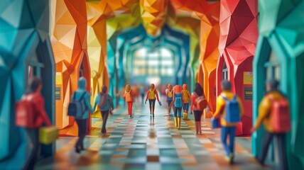 Obraz na płótnie Canvas Origami Paper Town: Bustling School Hallways Essence