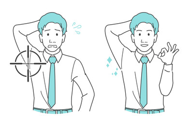 脇の汗やニオイなどのトラブルが気になる男性のビフォーアフターイメージイラスト