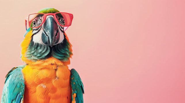 Exotic bird macaw parrot wearing sunglasses on  pink background
