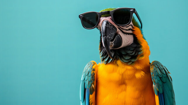 Exotic bird macaw parrot wearing sunglasses on isolated blue background