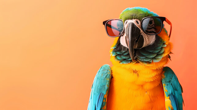 Exotic bird macaw parrot wearing sunglasses on isolated orange background