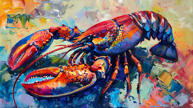 Lobster neon oil paintings with thick brushstrokes, generative ai