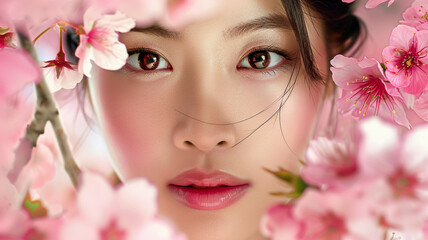 Fototapeta premium face of a beautiful Asian woman with pink cherry blossoms