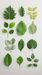 A variety of green leaves of different shapes and sizes are arranged on a white background