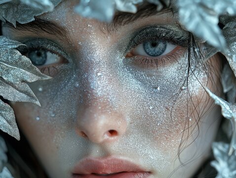 Silver Paint smudges drips from the face lip, Silver metallic skin make-up, makeup close up