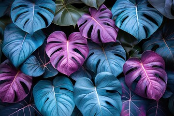 Creative fluorescent color layout made of tropical leaves. 