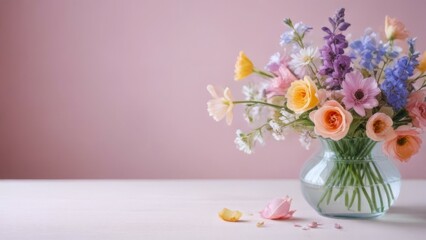 bouquet of flowers placed in clear glass vase against soft pink background, some flower petals scattered on white surface. concepts: celebration and events, emotional well-being, home decor, spring.