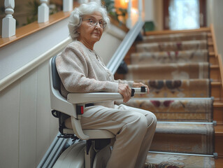 A pensioner rides a stair lift up a flight of stairs, AI generated