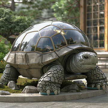 A 3D-modeled turtle with a shell that displays a live feed of the cosmos, slowly navigating a futuristic Zen garden
