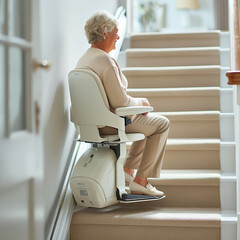 A pensioner rides a stair lift up a flight of stairs, AI generated