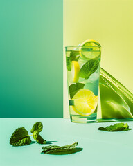 Mojito coctail with fresh mint leaves and lemons in a glass on a yellow and green background with mint leaves around a glass. Product promotion. Minimal summer idea