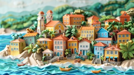 Fototapeta na wymiar Origami Paper Town: Florianópolis Paradise Essence