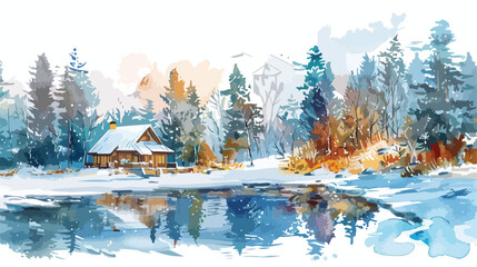 Watercolor winter landscape painting with a pondlake