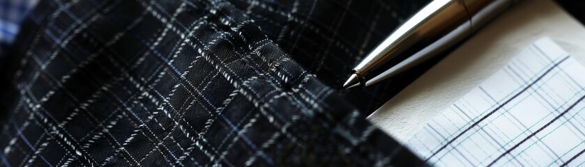Macro view of a chest pocket, holding a pen and stock market notes peeking out, with 20 free space for potential opportunities no splash - obrazy, fototapety, plakaty