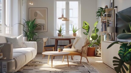 Modern Scandinavian apartment living room interior design. Bright white style. Generative AI