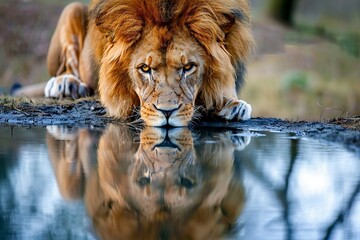 a close up of a lion drinking water