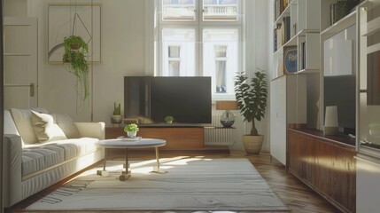 Modern Scandinavian apartment living room interior design. Bright white style. Generative AI