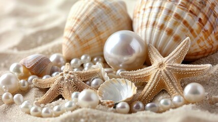 Fototapeta na wymiar seashells, pearls and starfish on a sandy beach