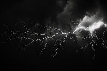 Black background with isolated thunder lightning bolts, representing an abstract concept of electricity. Generative AI - obrazy, fototapety, plakaty