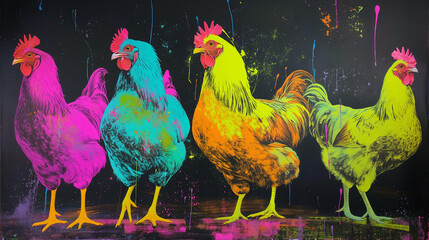 Vibrant neon coloured roosters on a dark background. Artistic and creative animal concept. Design for modern art prints, funky wall decor, and avant-garde fashion inspiration.