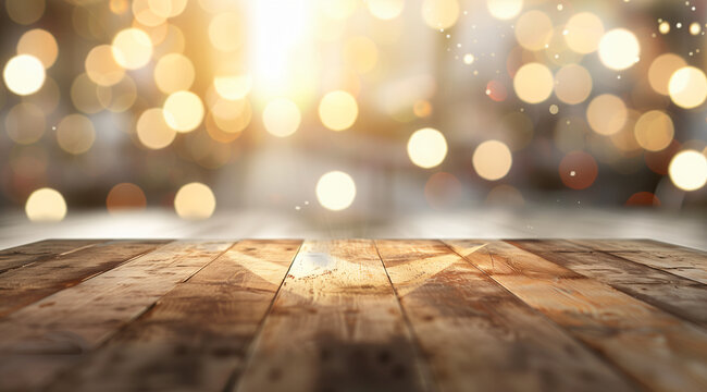 wooden table top with blurred abstract background for product display presentation in brown color and bokeh light effects