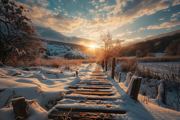 A wooden path through a beautiful valley during sunset