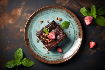 Juicy brownie on a slate plate against a pastel painted wood background