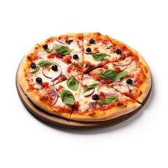 Delicious pizza served on wooden plate isolated on white