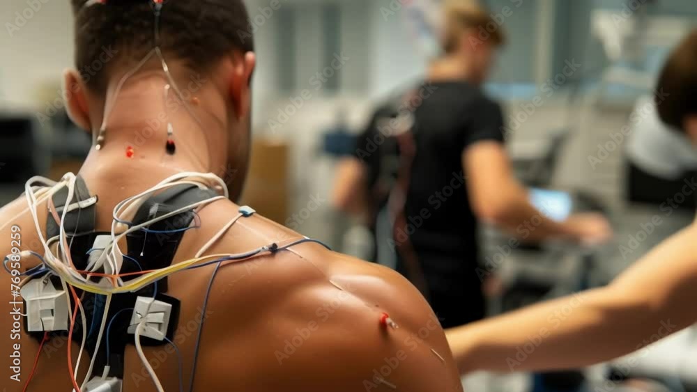 Poster in the physiology lab a group of athletes are fitted with various tracking devices and sensors as th