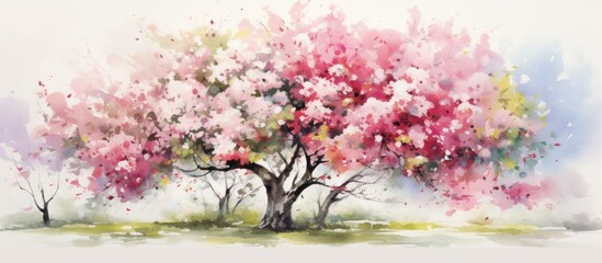 A beautiful watercolor painting of a cherry blossom tree with delicate pink flowers, capturing the natural landscape with detailed petals, twigs, and grass