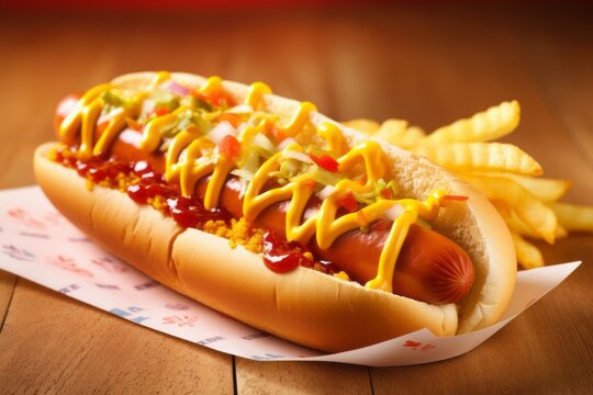Juicy hot dog on a plastic tray against a pastel painted wood background