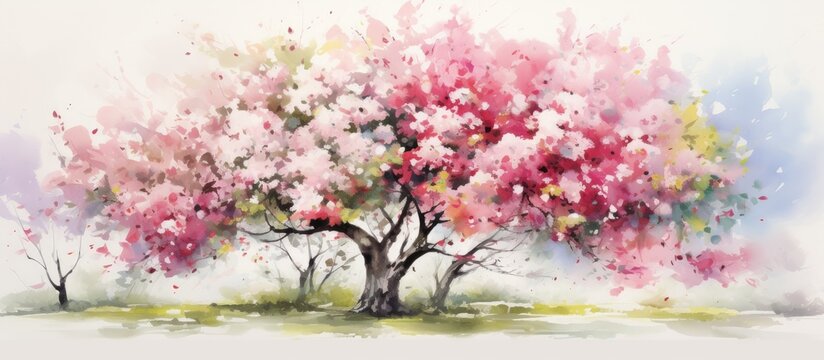 A beautiful watercolor painting of a cherry blossom tree with delicate pink flowers, capturing the natural landscape with detailed petals, twigs, and grass