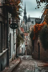 Zelfklevend Fotobehang A narrow cobblestone street in an old European tow 00001 00_20240328034431845 © JADE
