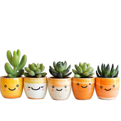 3 cute plant pots with smiling faces, isolated on transparent background, png file, high resolution, high quality