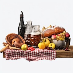 Groceries including vegetables, beer, bakery isolated on white background