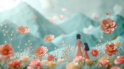 Mothers day, daughter and mom walking together, happy family women, copy space, card template