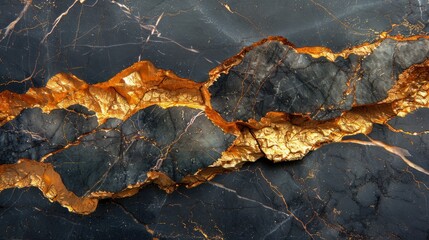 Abstract Black Stone with Intricate Golden Veins Texture
