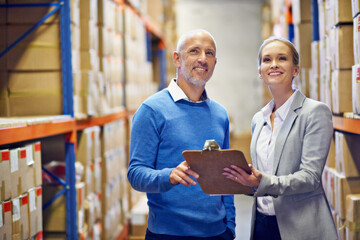 Happy, clipboard or business people at warehouse for logistic, delivery or cargo, shipping or...