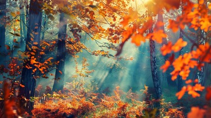 Autumn nature landscape Colorful forest in sunlight