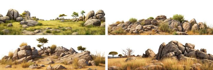 Set of savanna landscapes with faded grass and rocks, cut out