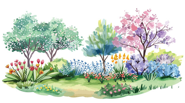 Spring garden scene watercolor flat vector isolated on