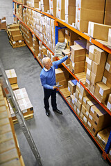 Tablet, boxes or above of man in factory for delivery order, storage or stock in warehouse for...