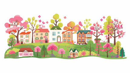 Spring Village  flat vector isolated on white background