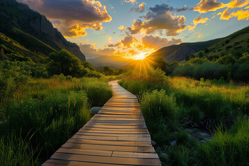 A wooden path through a beautiful valley during sunset