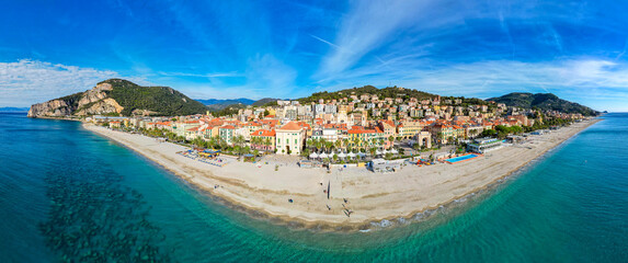 Finale, Ligure - Italy - Aerial view of the beautiful Italian mediterranean village of Finale...