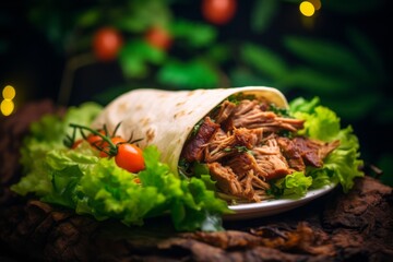 Tasty doner kebab on a rustic plate against a green plant leaves background