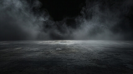 Abstract image of dark room concrete floor. Black room or stage background for product placement.Panoramic view of the abstract fog. White cloudiness, mist or smog moves on black background - obrazy, fototapety, plakaty