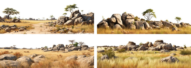 Naklejka premium Set of savanna landscapes with faded grass and rocks, cut out